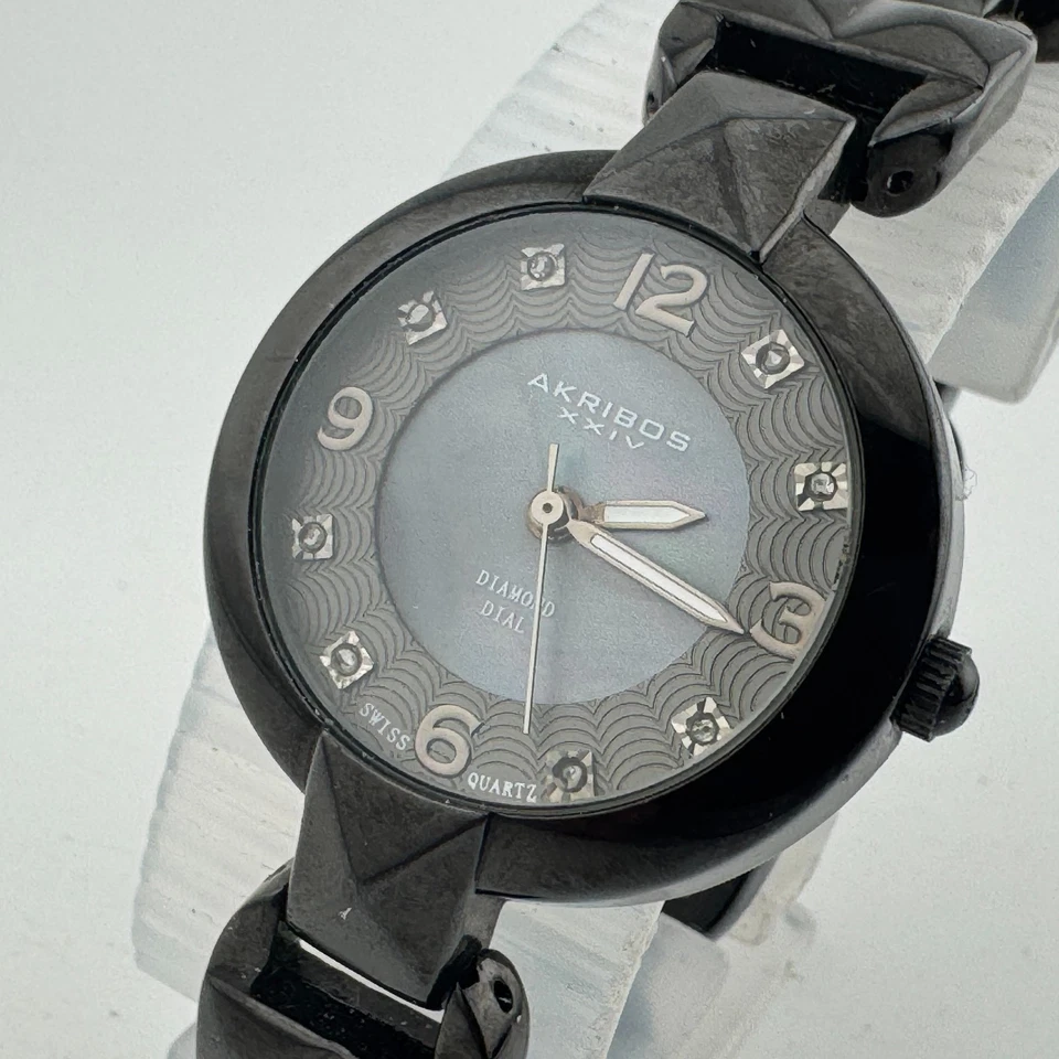 Akribos Swiss Quartz Watch Women Black Abalone Dial Diamonds New Battery 6.5" - Image 1 of 4