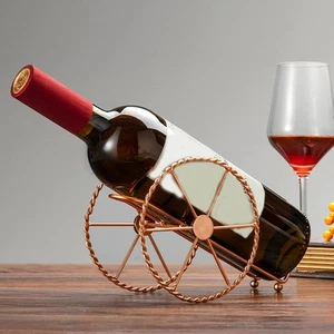Iron Wheels Design Wine Holder Rose Gold Wine Bottles Stand Bar Decor - Picture 1 of 12