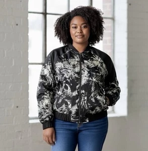 LOVESICK TORRID 0 0X XXL Black White Silky Abstract Palms Bomber Jacket R $89 - Picture 1 of 12