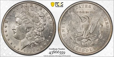 Dólar de plata Morgan 1886-O $1, escudo de oro PCGS AU53 (58+?) Foto 1 de 3