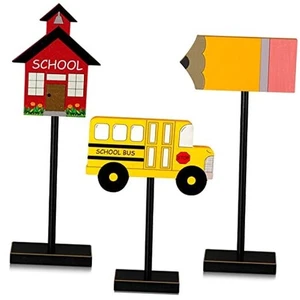 3 Pieces Back to School Wood Table Decor Farmhouse Wooden Pencil Bus School Bus - Picture 1 of 8