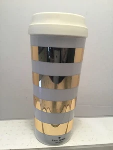 KATE SPADE New York Thermal Travel Mug Coffee Tea Gold Metallic Stripe 16 oz New - Picture 1 of 5