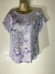 Womens M&Co Petite Uk 8 Lilac Short Sleeve Floral Front Casual Blouse Shirt Top - Picture 1 of 6