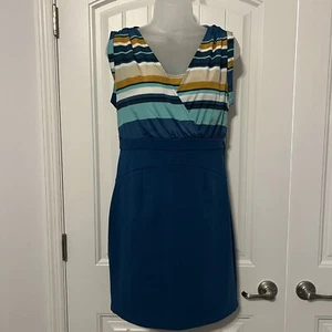 Mossimo Blue Turquoise Mustard Women's Dress PM Midi Striped Sleeveless - Picture 1 of 12