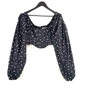 House of CB Jouca Corset Top Womens L Black Floral Balloon Sleeve Crop Bustier - Picture 1 of 12