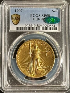 1907 Saint Gaudens DBL Eagle $20🎖️SPECIMEN STRIKE🎖️PCGS SP58 CAC HIGH RELIEF - Picture 1 of 3