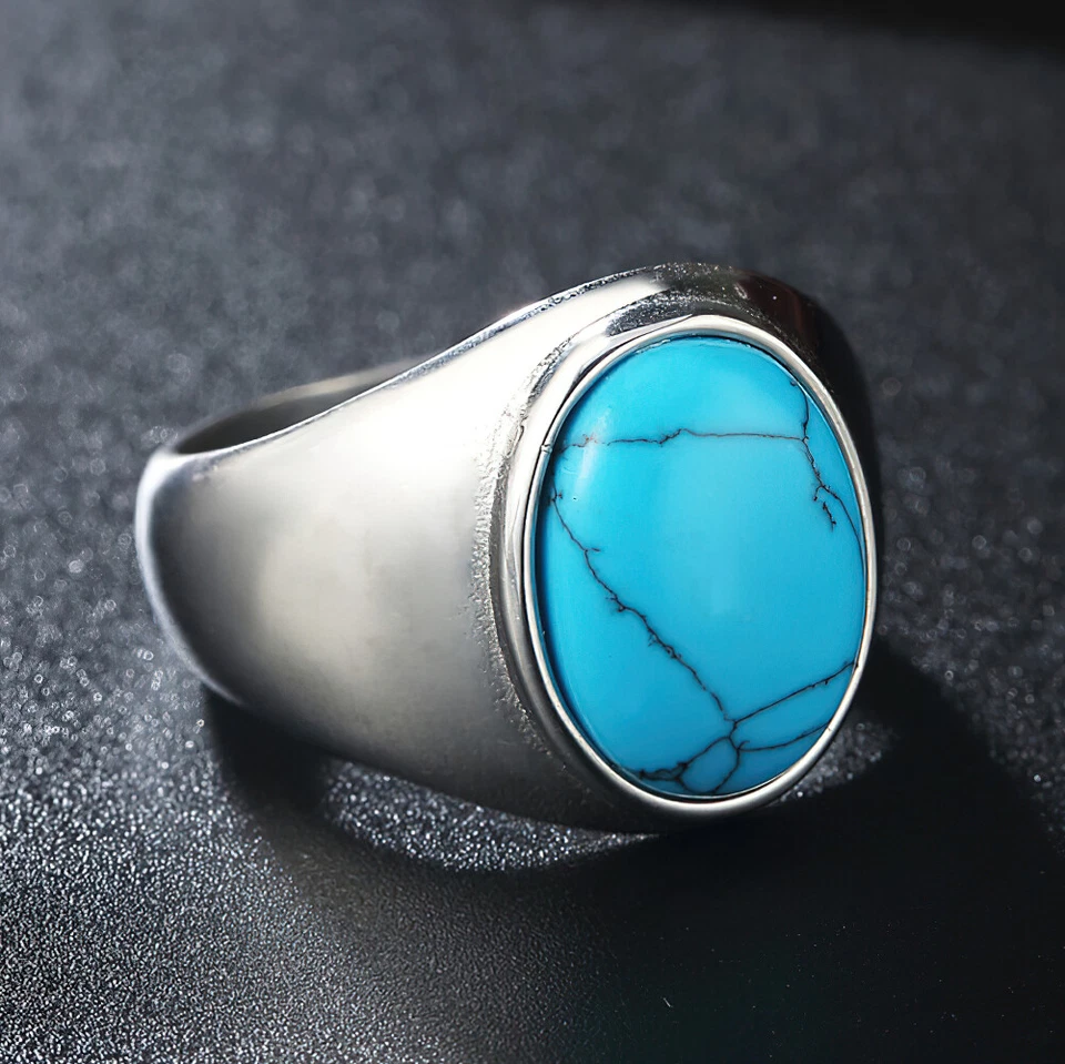 Anillo Turquesa Hombre Acero Inoxidable Ovalado Motociclista Regalo para Papá Novio Azul Negro Foto 1 de 4