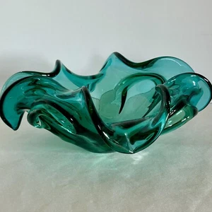 Vintage Green Murano-Style Art Glass Bowl 8" Heavy Mid-Century Glass - Picture 1 of 11