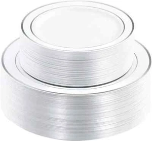 I00000 102Pcs Silver Plastic Plates, Disposable Plastic Party Plates with White - Picture 1 of 4