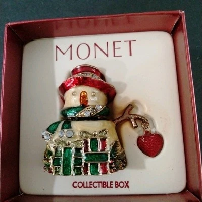 Monet-Enameled Snowman Trinket Box-w/Heart  Hanging Ornament-Small/Miniature-⛄️. - Image 1 of 4