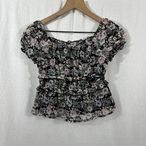 Mi Ami Black Pink Floral Ruffle Elastic Waist Puff Sleeve Top Girls Size 10 Boho - Picture 1 of 10