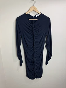 Reiss Harriet Bodycon Slinky Dress UK 12 Navy Long Sleeve Flattering Ruched - Picture 1 of 9