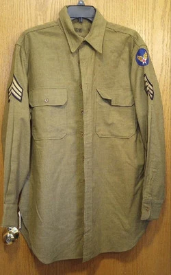 WWII ERA US ARMY AIR CORPS ENLISTED OD WOOL LONG SLEEVE SHIRT SGT-felt AAC patch - Image 1 of 4