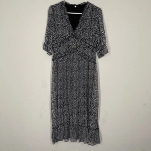 Leopard Print Midi Dress Womens L  Black White Lined V Neck Ruffles Short Sleeve - Picture 1 of 14