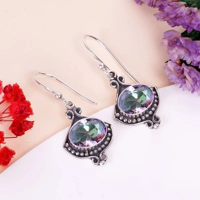 Mystic Topaz Gemstone Handmade 925 Sterling Silver Jewelry  Earring Sz-2.25" - Image 1 of 4