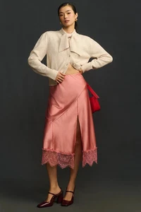Anthropologie Bias-Cut Lace-Trim Midi Skirt S 6 Women's High-Rise Pink NWD 44311 - Picture 1 of 13