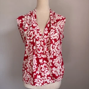 Samt ärmellose Bluse M rot weiß Blumen mühelos luftig Resort Top - Bild 1 von 9