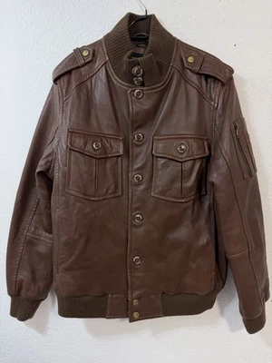 Rocawear Leather Bomber Jacket Mens XL Brown Full Zip Button Quilt Lined Coat - Image 1 of 4