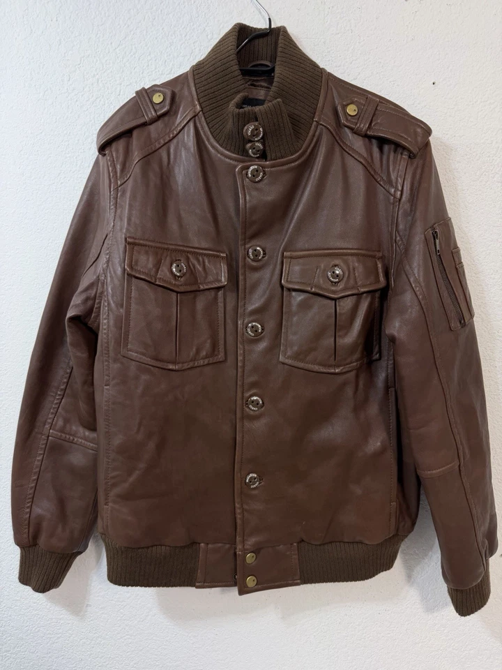 Rocawear Leather Bomber Jacket Mens XL Brown Full Zip Button Quilt Lined Coat - Image 1 of 4