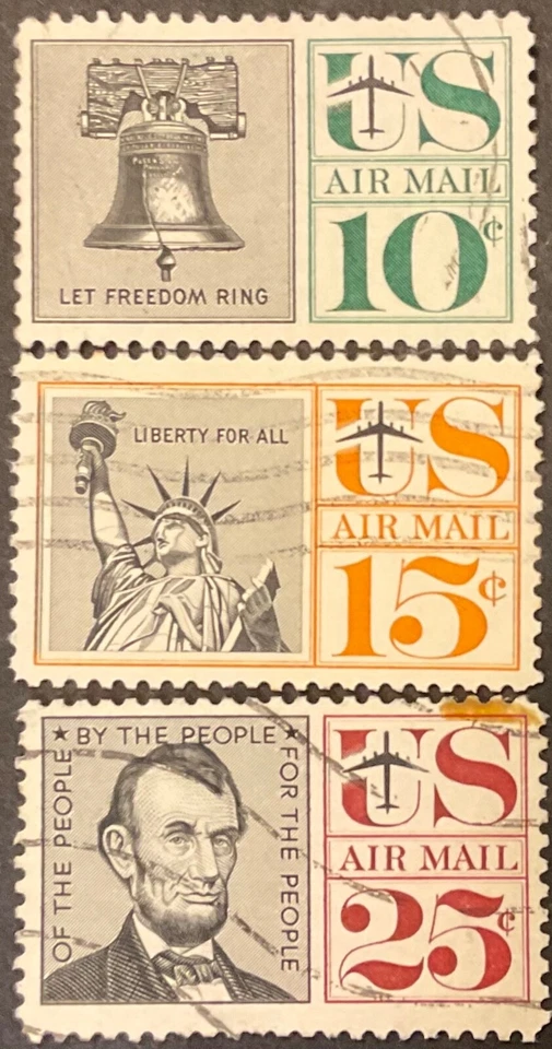 1959-61 10c, 15c & 25c Regular Issue Airmail Singles, Scott #C57-C59, Used, F-VF - Image 1 of 1