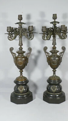 Paire De Candélabres Napoléon III En Bronze Patiné Et Marbre, Style Barbedienne - Photo 1/4