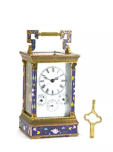 French Style Floral Blue Enamel Brass 8 Day Repeater Calendar Carriage Clock - Picture 1 of 7