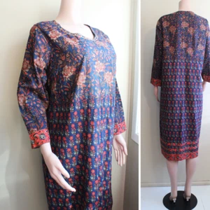 Indian Woodcut L Cotton Shift Dress LS Knee Navy Blue Red Scoop Indubindu - Picture 1 of 10