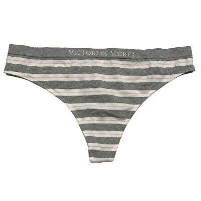 NWT VICTORIA'S SECRET Thong Pantie Sz L-XL Gray White Stripes - Изображение 1 из 4