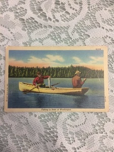 "Fishing in State of Washington" VINTAGE POSTCARD 2 Men on a Lake in a Row Boat - Picture 1 of 3