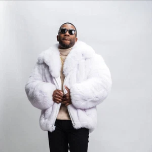 Men Natural White Real Fox Fur Coat Winter Warm Fur Jackets Zipper Fur Outerwear - Picture 1 of 8