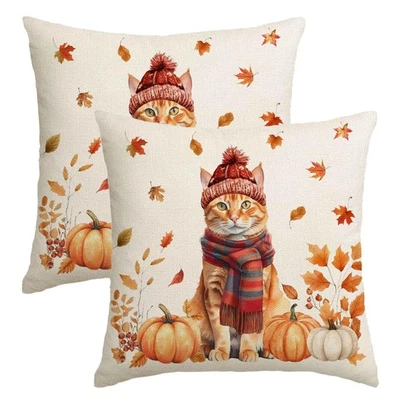 Juego de 2 Fundas de Almohada de Otoño 18x18 Pulgadas Decoraciones de Otoño para Gato Jengibre para el Hogar... Foto 1 de 4