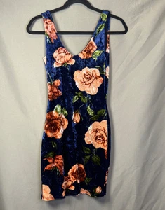 Velvet Bodycon Mini Floral Navy Dress Y2K Women's Size S - Picture 1 of 4