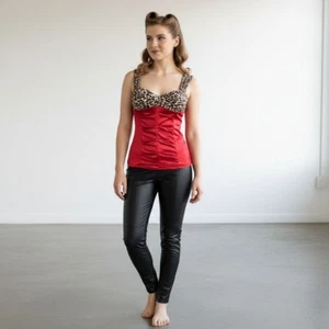 Top Rockabilly Retro Estampado Guepardo Rojo Bloque de Color Talla Pequeña Acanalado Elastizado - Imagen 1 de 6