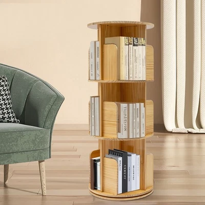Estante de exhibición giratorio para almacenamiento de libros estantería de pie de piso de 3 niveles librería de madera Foto 1 de 4
