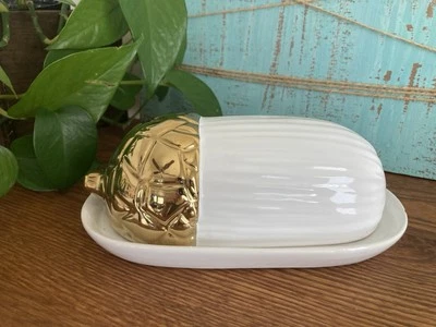 Global Design Connections Gold & White Acorn Butter Dish Thanksgiving Fall READ - Image 1 of 4