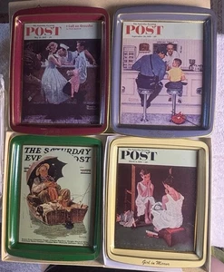 1980 NORMAN ROCKWELL 4-PIECE SNACK TRAY SET DECORATED METALWARE In Box! - Picture 1 of 9