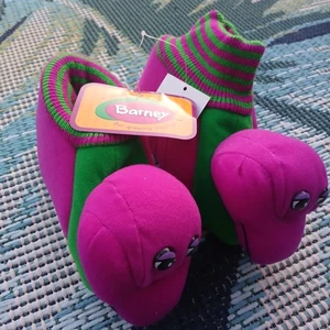 Vintage Barney Socke Slipper Hausschuhe Schuh Jugend Large 9,10 lila grün - Bild 1 von 7