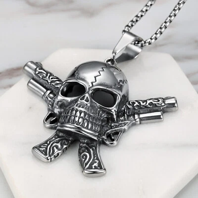 Stainless Steel Motorcycle Style Pendant Double Gun Skull Pendant Men's Necklace - Image 1 of 3