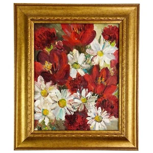 Vintage Original Floral Oil Painting on Canvas Signed Poppies Daisies Frame 8x10 - Picture 1 of 21