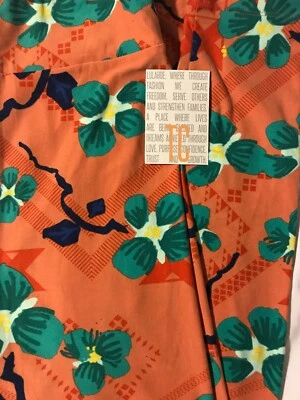 Leggings Lularoe TC Altos Curvilíneos Coral Sólido Naranja Verde Floral Hawaiano 🦄 12-18 Foto 1 de 4