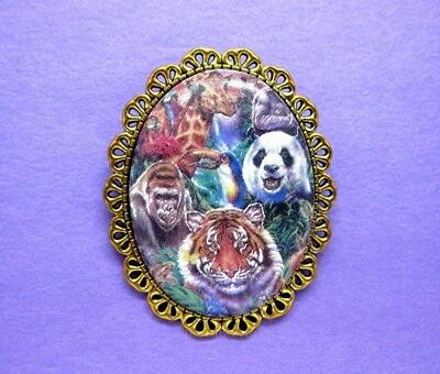 Broche Prendedor Porcelana ANIMALES DE LA SELVA Panda Tigre Jirafa Gorila CAMEO Tono Dorado Foto 1 de 2