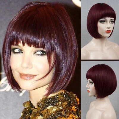 Dark Red Natural Short Straight Bob 100% Human Hair Wig With Bangs - Image 1 of 4