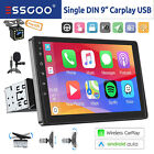 9" Wireless Carplay Android Auto Car Stereo 1 DIN Touch Screen Radio +Camera MIC