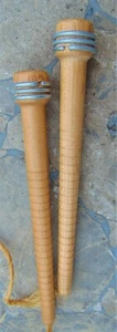 2 VINTAGE WOODEN SPOOL BOBBINS ~ 8 3/4" ~ METAL RINGS AT TOP; INCISED DOWELS - Picture 1 of 5