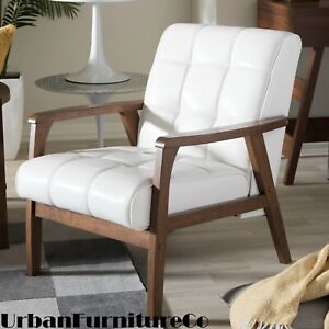 Mid Century Modern White Faux Leather Club Chair with Wood Frame Accent Cushion