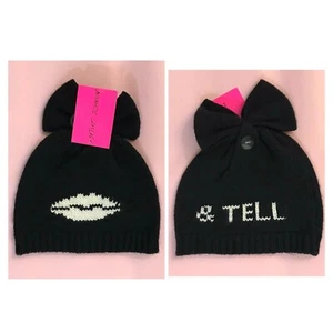 NWT Betsey Johnson " KISS & TELL " Black Bow Knit Beanie/Hat~ RARE! - Bild 1 von 6