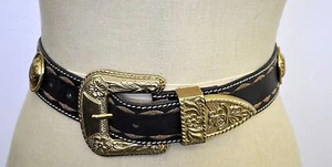 Vintage rare La Doppia Vita Solid Brass & Leather 1.5" Belt 80/30 Made in Italy - Picture 1 of 9