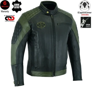 MENS BLACK / GREEN MOTORBIKE / MOTORCYCLE GENUINE PREMIUM COWHIDE LEATHER JACKET - Picture 1 of 6