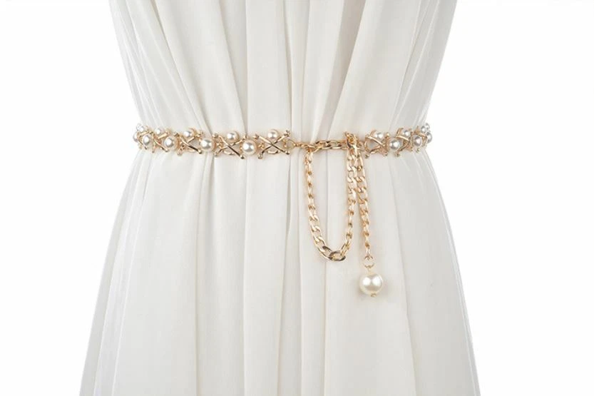 Women Gold Pearl Chain Belt Body Dance Bikini Beach Waist Chain Skinny Belt - image 1 of 4