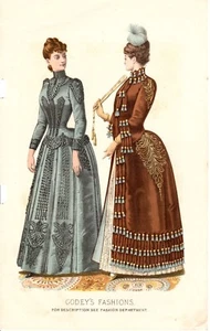 Cappello vittoriano 1889 antico colorato stampa moda dicembre di Godey bel vestito - Foto 1 di 2